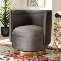Baxton Studio TSF-6653-Grey/Gold-CC Saffi Glam and Luxe Grey Velvet Fabric Upholstered Gold Finished Swivel Accent Chair